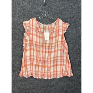 Como Blouse Womens Plus 2X Orange Plaid Short Sleeve Bohemian V Neck Casual